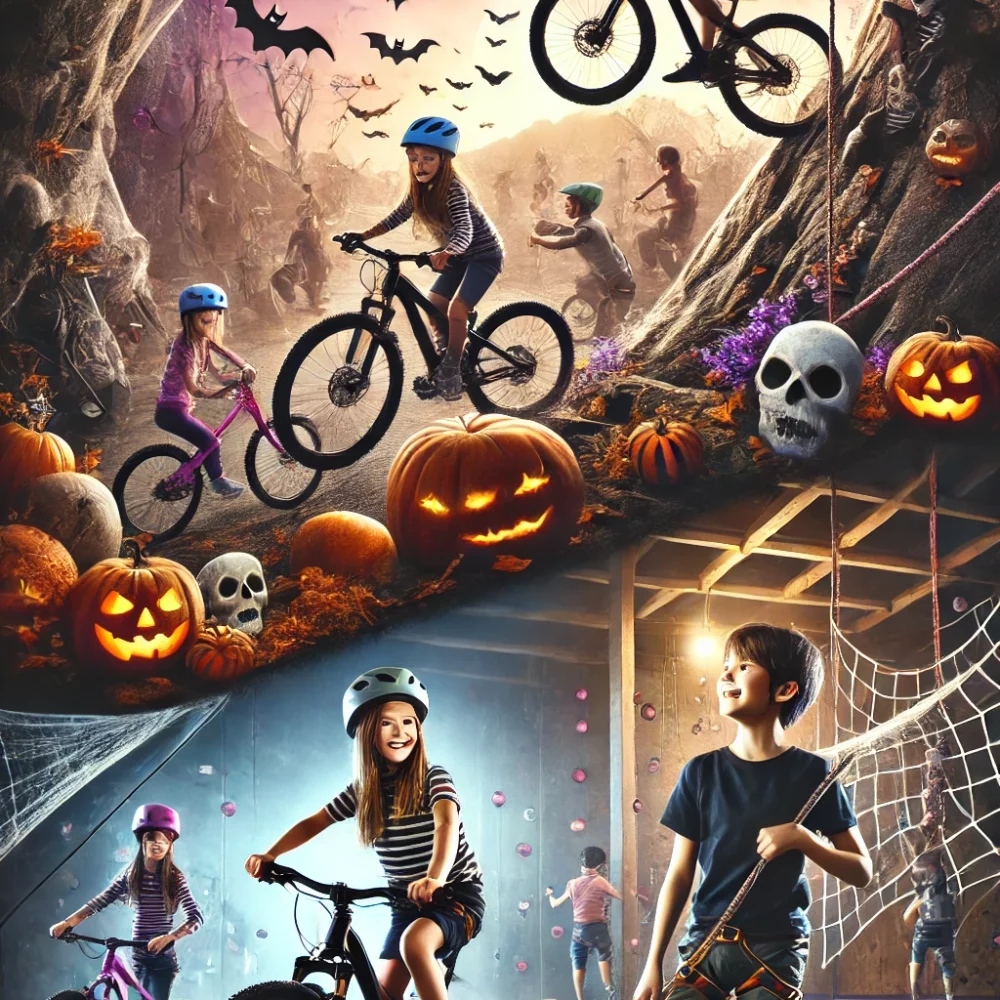 DALL·E 2024-10-06 21.43.31 - A Halloween-themed A3 portrait image featuring children riding mountain bikes and others climbing in an indoor climbing gym. The atmosphere is spooky,